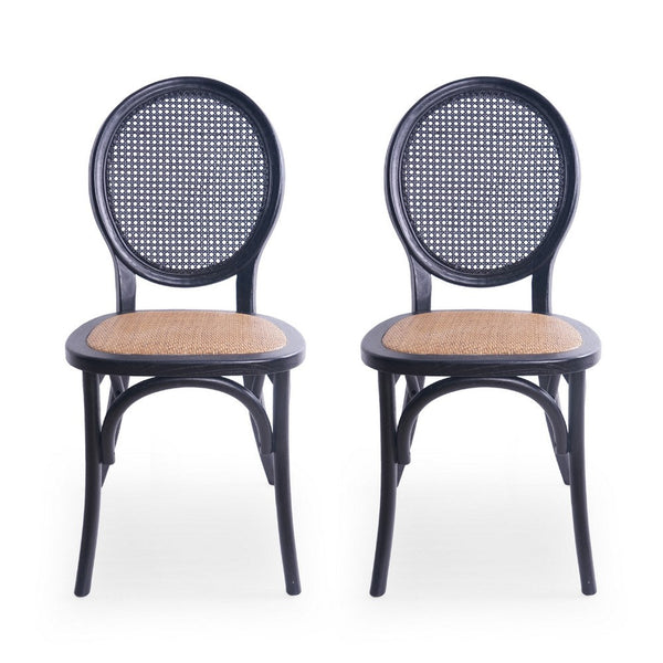 Dining Chair Set of 2, Matte Black Rattan Woven Back and Brown Seat -BM335260