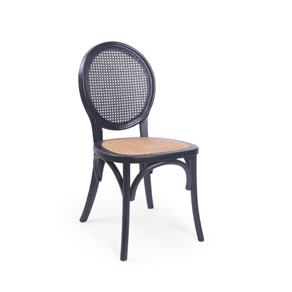 Dining Chair Set of 2, Matte Black Rattan Woven Back and Brown Seat -BM335260