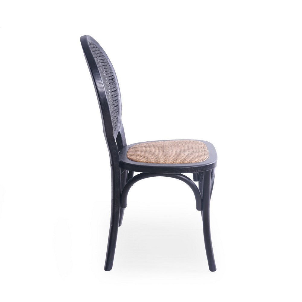 Dining Chair Set of 2, Matte Black Rattan Woven Back and Brown Seat -BM335260