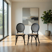 Dining Chair Set of 2, Matte Black Rattan Woven Back and Brown Seat -BM335260
