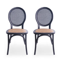 Dining Chair Set of 2, Matte Black Rattan Woven Back and Brown Seat -BM335260