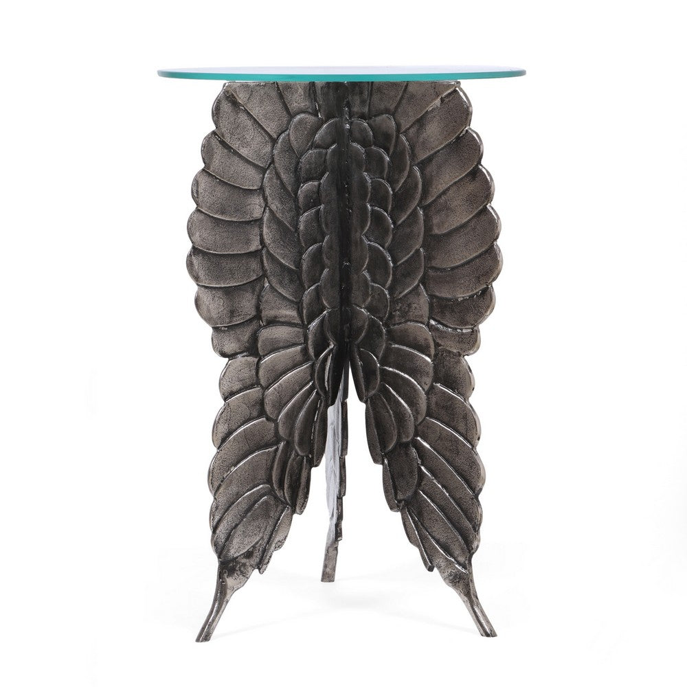 Accent Table w 17 Inch Glass Top, Butterfly Wing Nickel Aluminum Base -BM335264