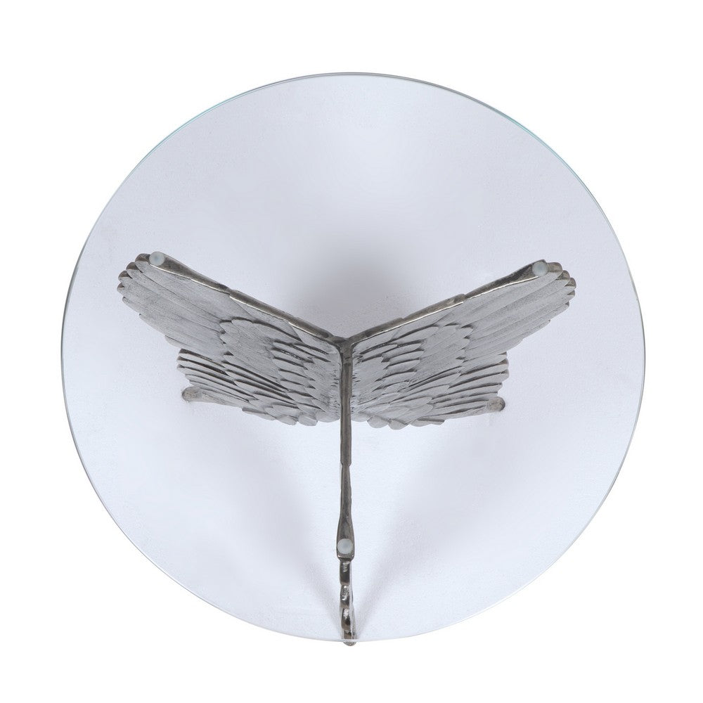 Accent Table w 17 Inch Glass Top, Butterfly Wing Nickel Aluminum Base -BM335264