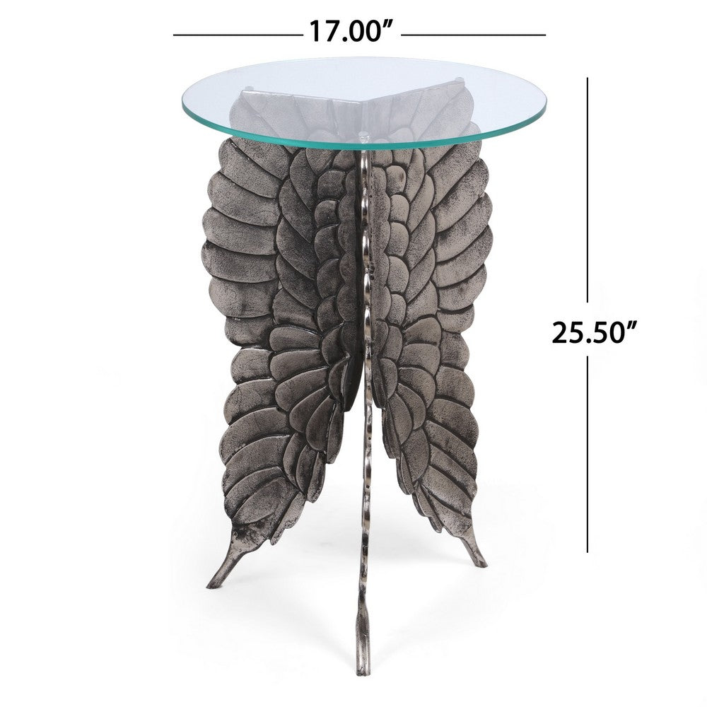 Accent Table w 17 Inch Glass Top, Butterfly Wing Nickel Aluminum Base -BM335264