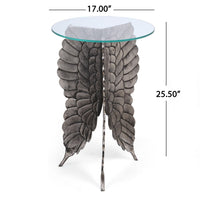 Accent Table w 17 Inch Glass Top, Butterfly Wing Nickel Aluminum Base -BM335264