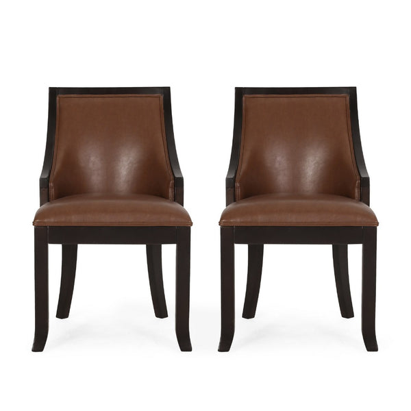 Dining Chair Set of 2, Light Brown Faux Leather, Black Wood Frame -BM335266