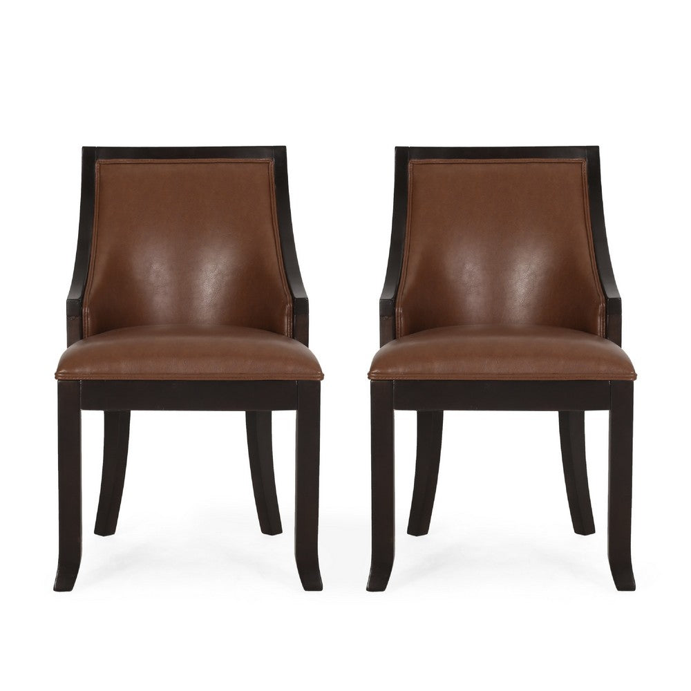 Dining Chair Set of 2, Light Brown Faux Leather, Black Wood Frame -BM335266