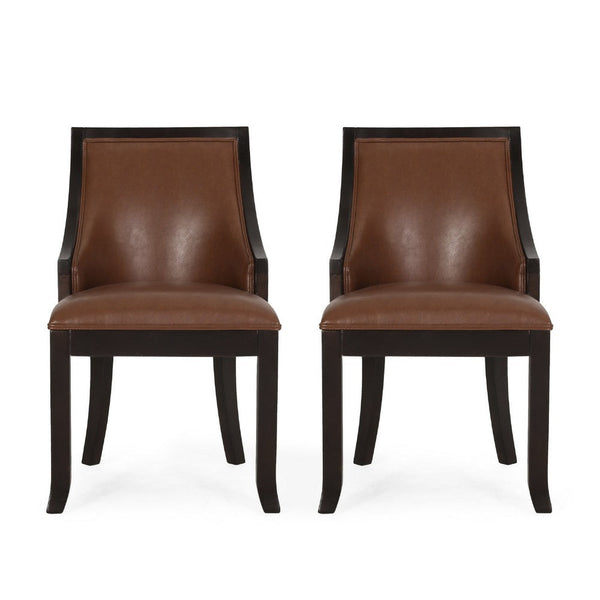 Dining Chair Set of 2, Light Brown Faux Leather, Black Wood Frame -BM335266