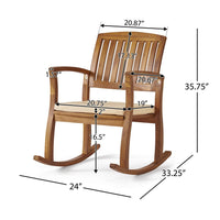 Bang Outdoor Rocking Chair w Cushion, Slatted Back, Brown Acacia Wood -BM335267