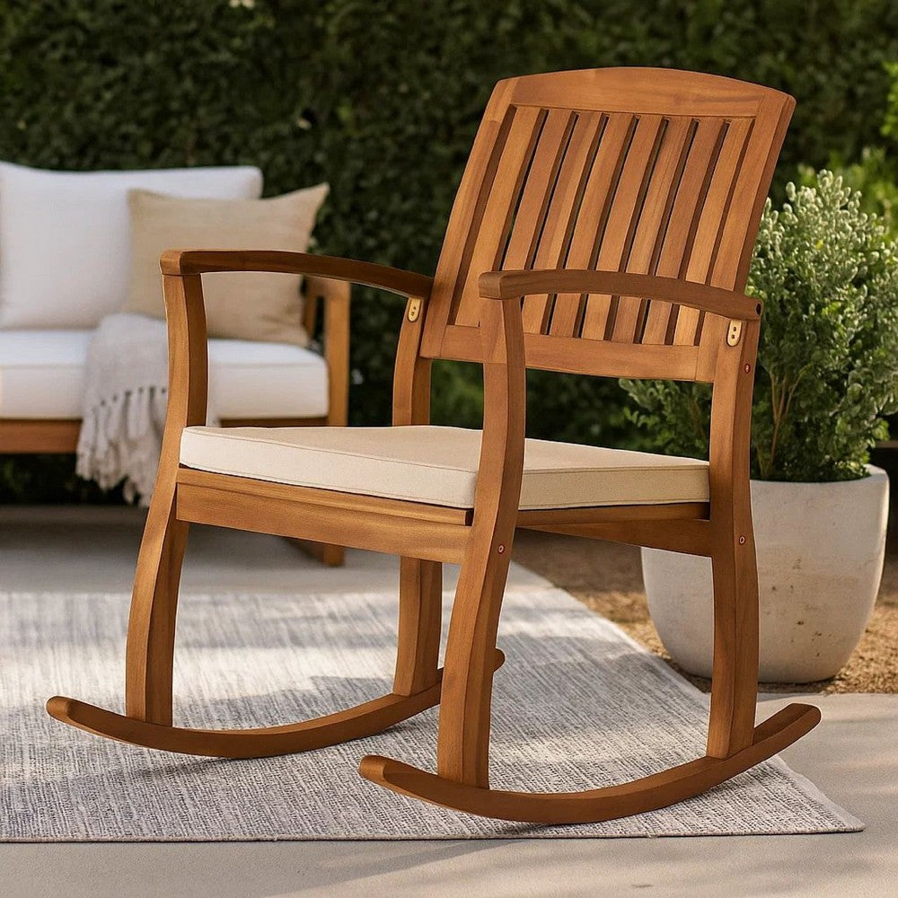 Bang Outdoor Rocking Chair w Cushion, Slatted Back, Brown Acacia Wood -BM335267