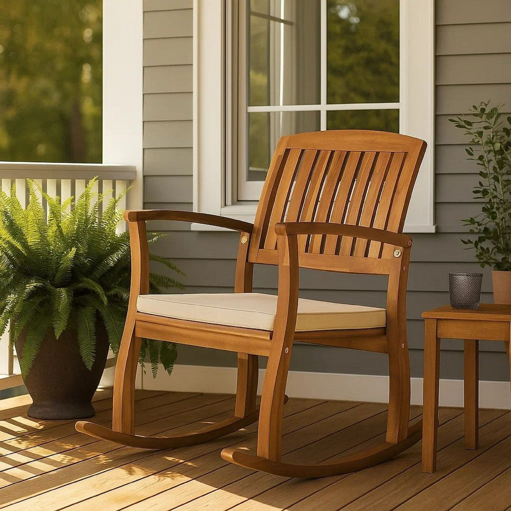 Bang Outdoor Rocking Chair w Cushion, Slatted Back, Brown Acacia Wood -BM335267