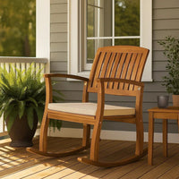 Bang Outdoor Rocking Chair w Cushion, Slatted Back, Brown Acacia Wood -BM335267