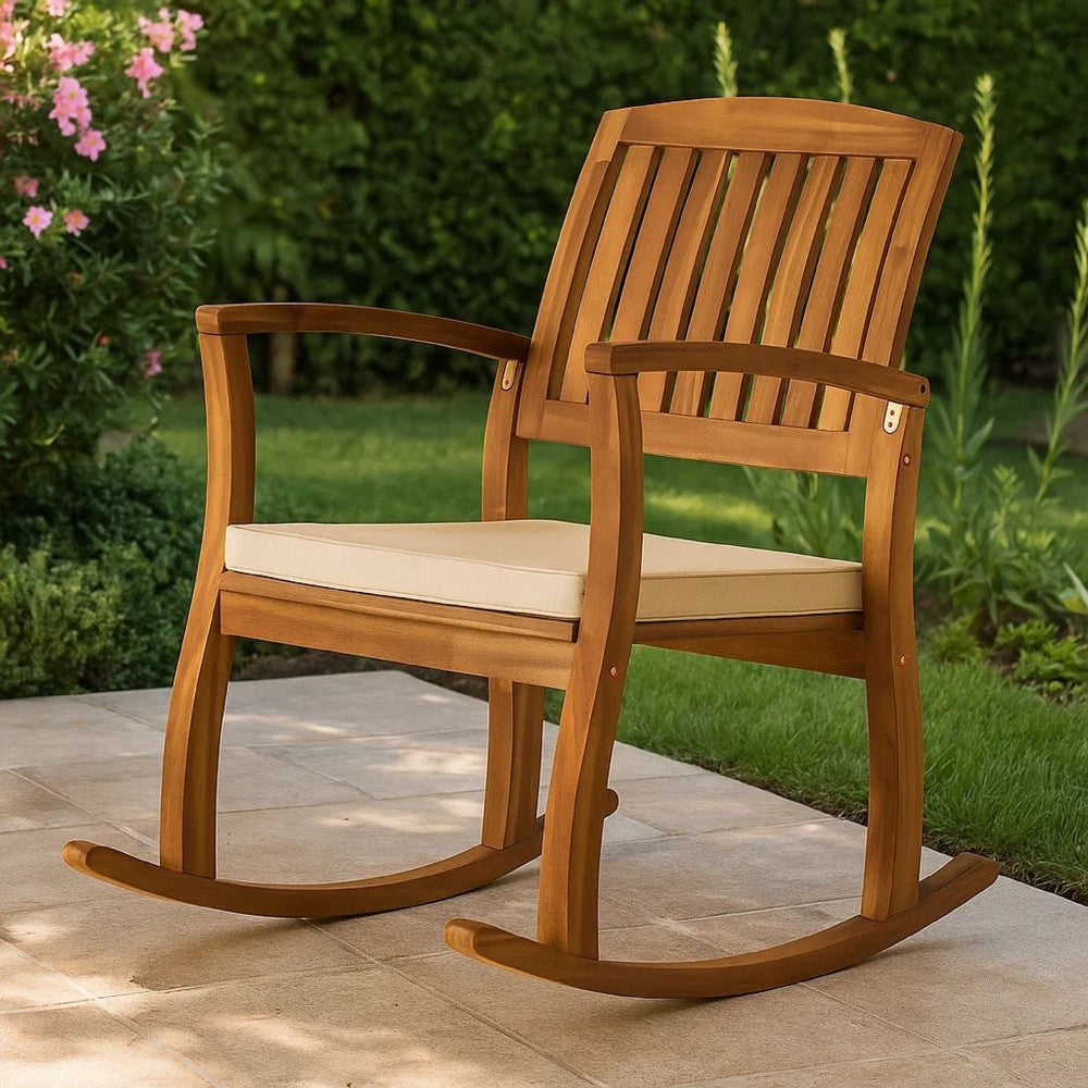 Bang Outdoor Rocking Chair w Cushion, Slatted Back, Brown Acacia Wood -BM335267