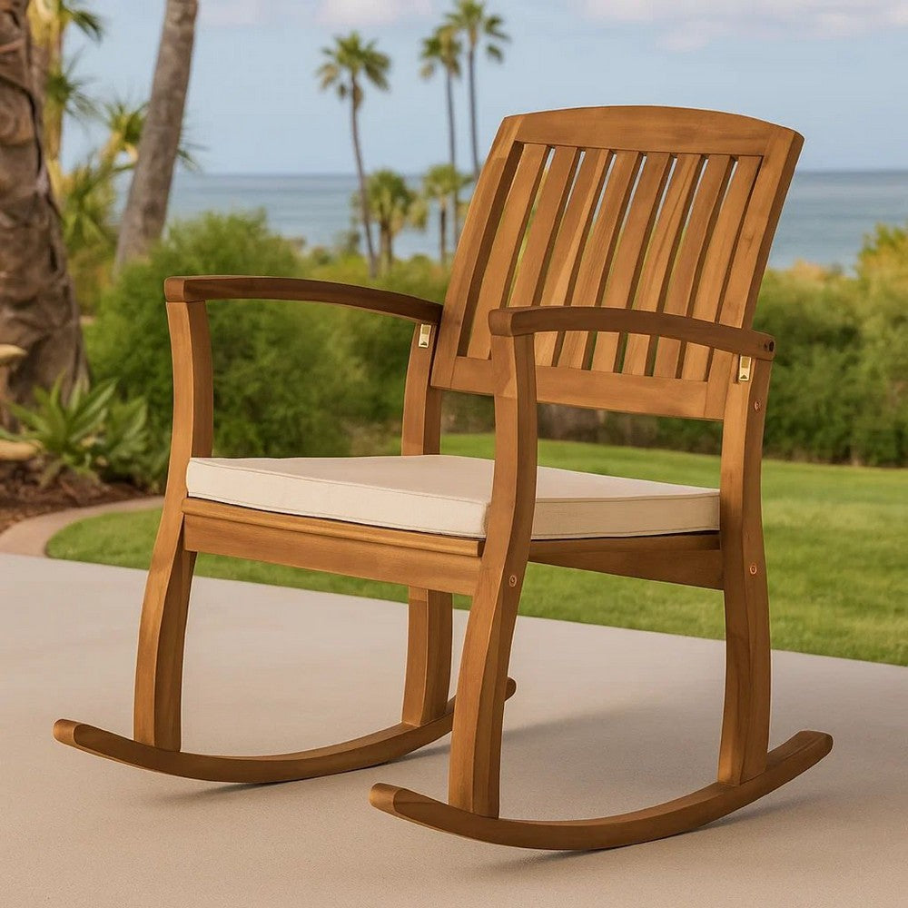 Bang Outdoor Rocking Chair w Cushion, Slatted Back, Brown Acacia Wood -BM335267