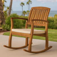Bang Outdoor Rocking Chair w Cushion, Slatted Back, Brown Acacia Wood -BM335267