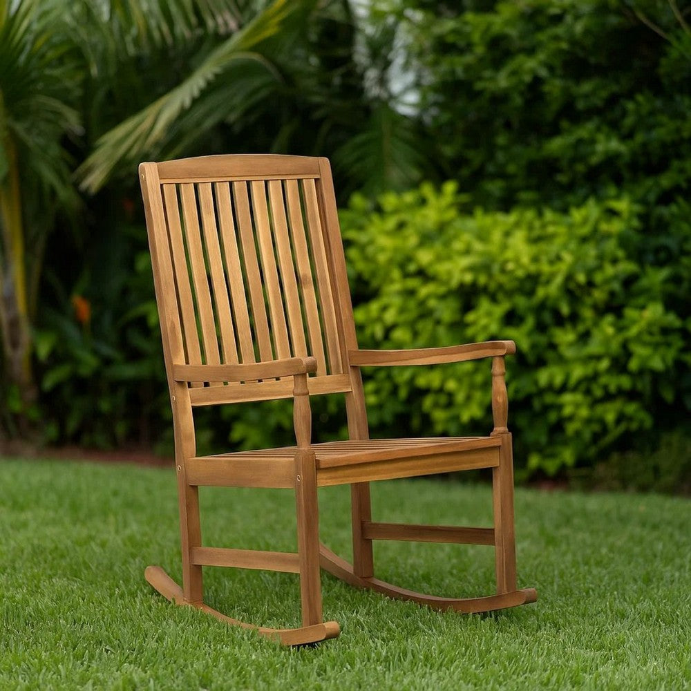 Fred Outdoor Rocking Chair, Slatted Back Design, Brown Acacia Wood -BM335268