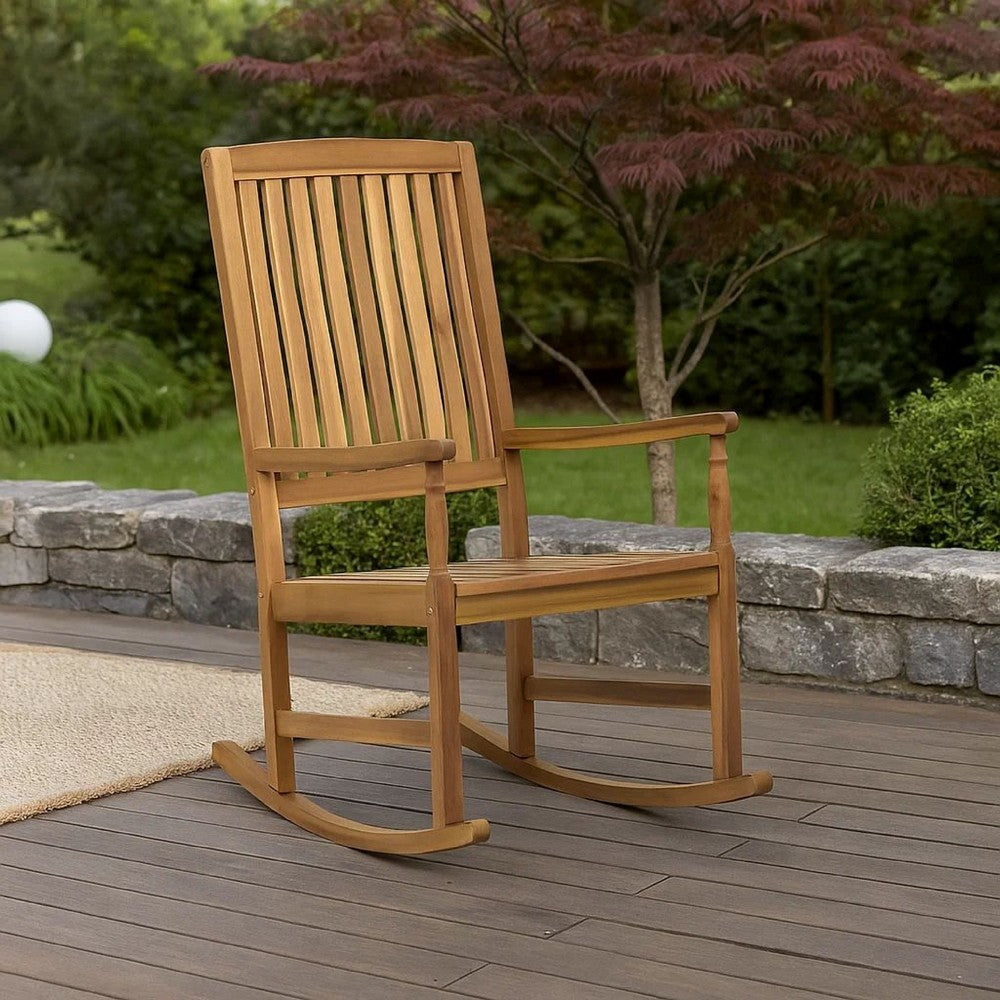 Fred Outdoor Rocking Chair, Slatted Back Design, Brown Acacia Wood -BM335268
