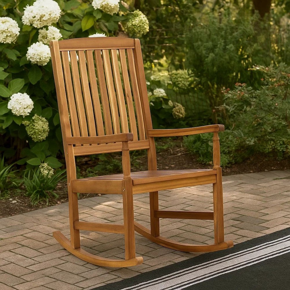 Fred Outdoor Rocking Chair, Slatted Back Design, Brown Acacia Wood -BM335268