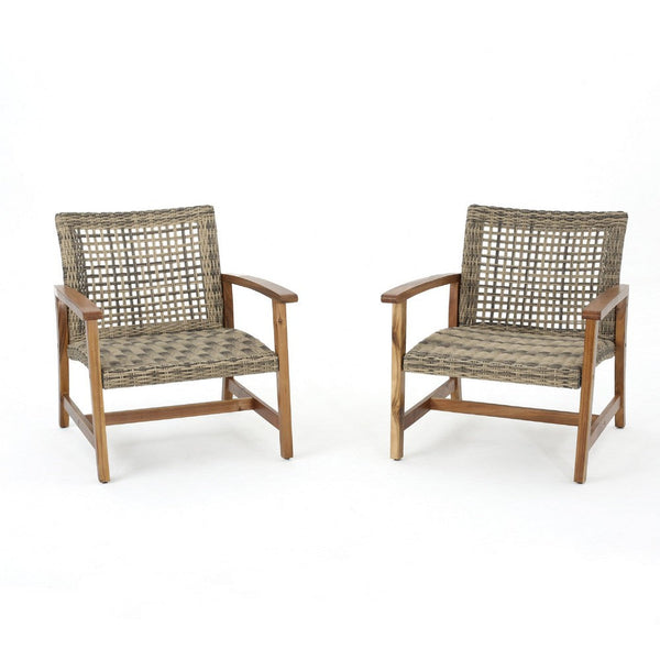 Bops Outdoor Accent Club Chair Set of 2, Brown Acacia Wood Gray Wicker -BM335270