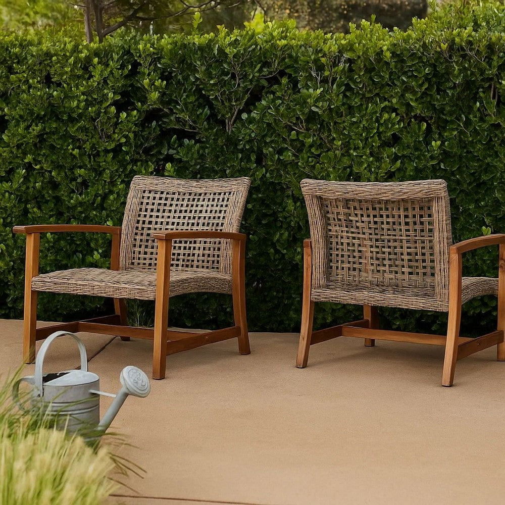 Bops Outdoor Accent Club Chair Set of 2, Brown Acacia Wood Gray Wicker -BM335270