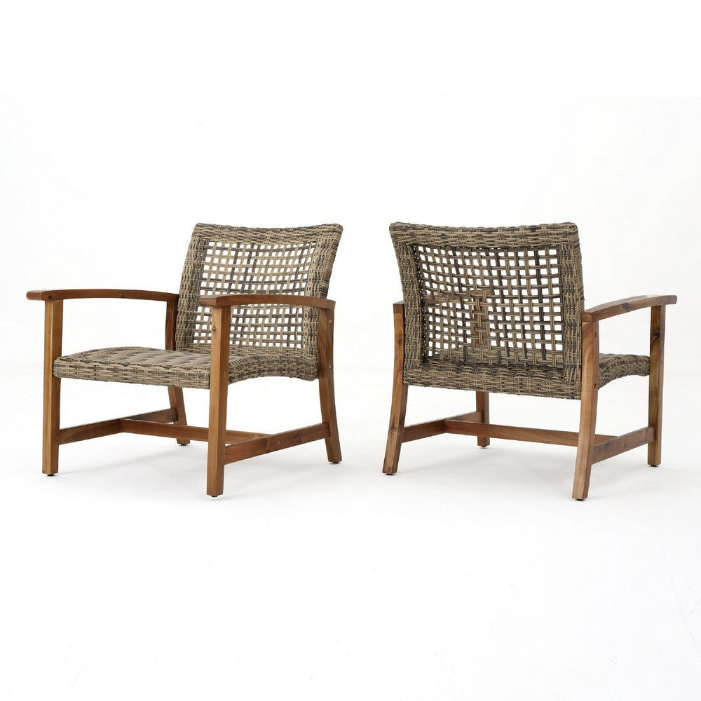 Bops Outdoor Accent Club Chair Set of 2, Brown Acacia Wood Gray Wicker -BM335270
