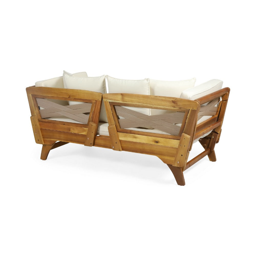 Flex Outdoor Daybed, Brown Wood, 65 Inch, Ivory Polyester Cushions -BM335272
