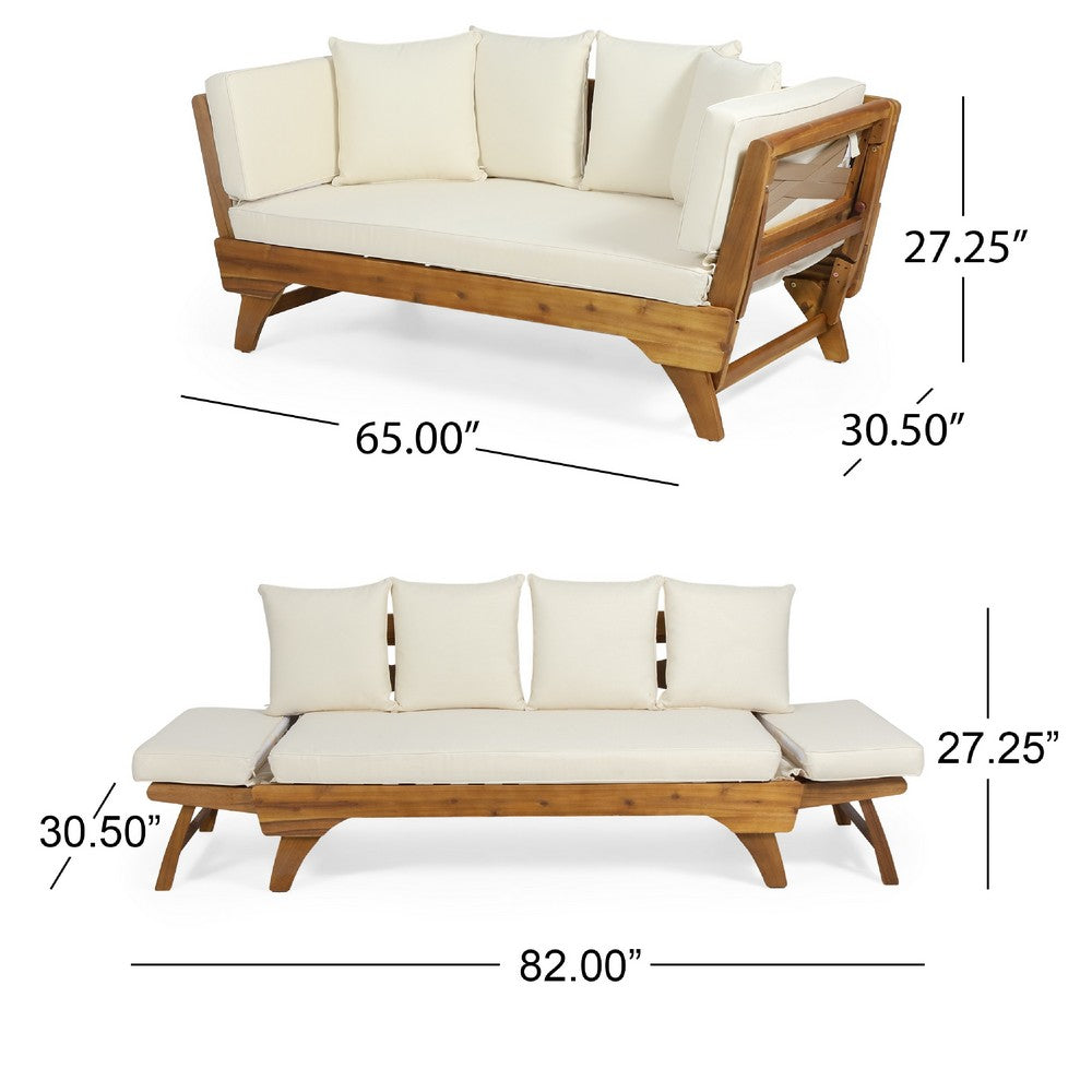 Flex Outdoor Daybed, Brown Wood, 65 Inch, Ivory Polyester Cushions -BM335272