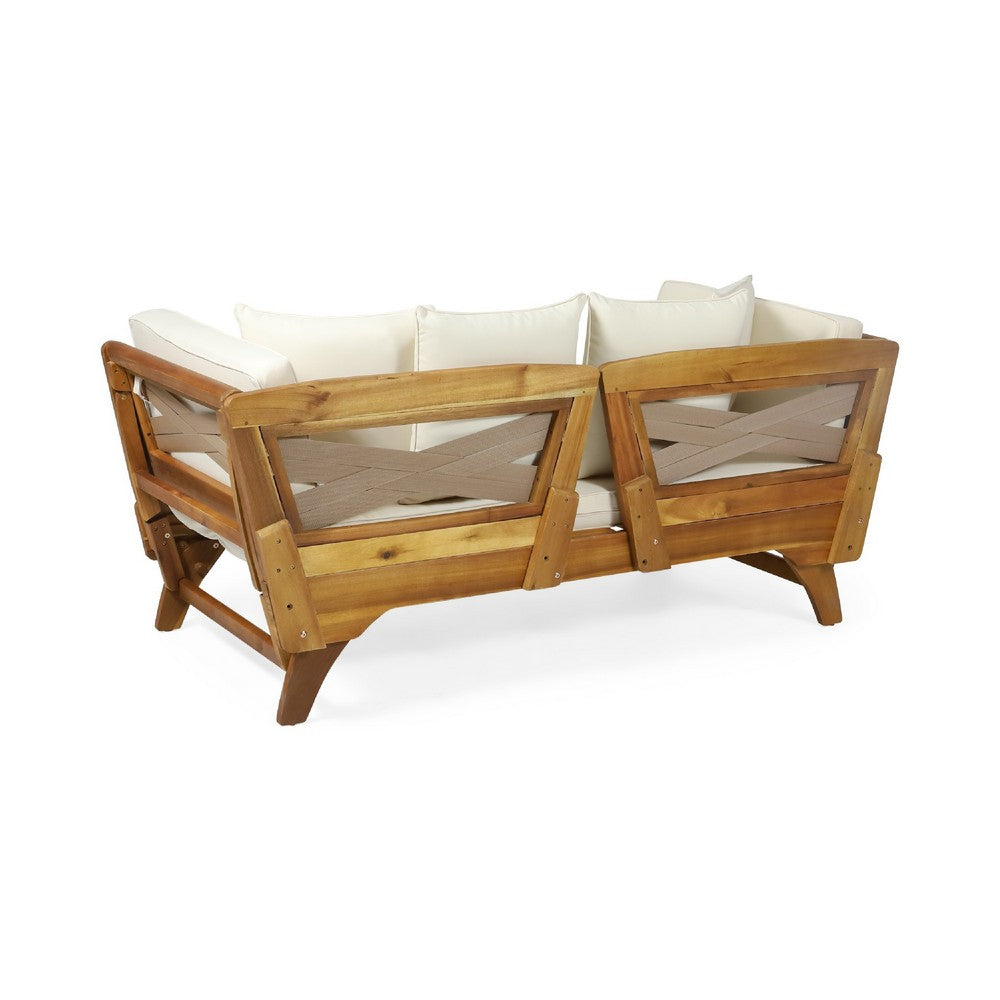 Flex Outdoor Daybed, Brown Wood, 65 Inch, Ivory Polyester Cushions -BM335272