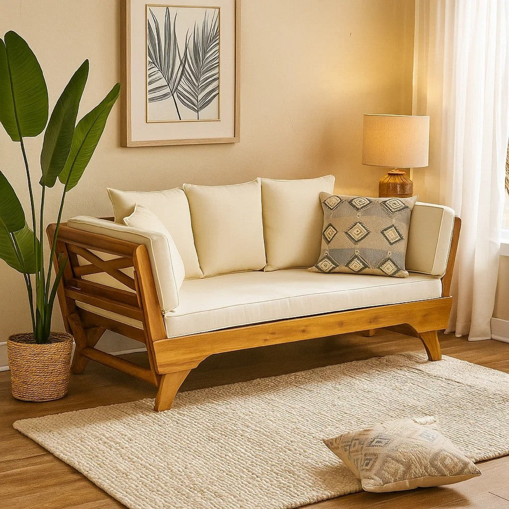 Flex Outdoor Daybed, Brown Wood, 65 Inch, Ivory Polyester Cushions -BM335272