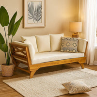 Flex Outdoor Daybed, Brown Wood, 65 Inch, Ivory Polyester Cushions -BM335272