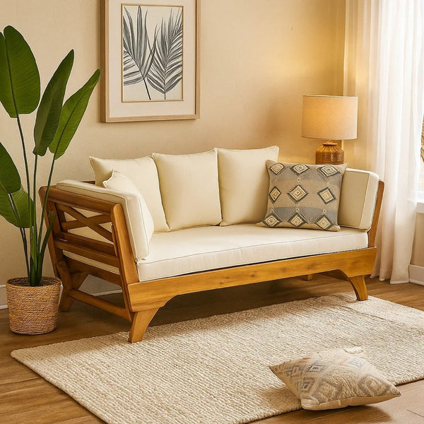 Flex Outdoor Daybed, Brown Wood, 65 Inch, Ivory Polyester Cushions -BM335272