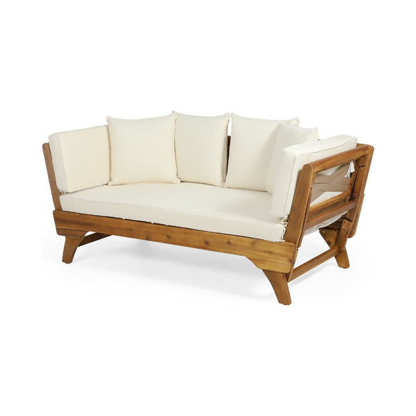Flex Outdoor Daybed, Brown Wood, 65 Inch, Ivory Polyester Cushions -BM335272