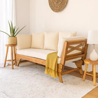 Flex Outdoor Daybed, Brown Wood, 65 Inch, Ivory Polyester Cushions -BM335272