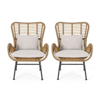 Margo Outdoor Accent Chair, Brown Woven Rattan, Beige, Black Metal -BM335276