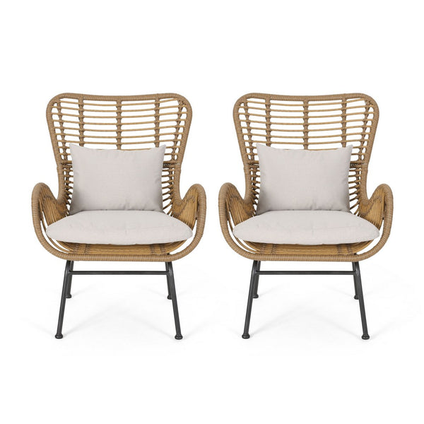 Margo Outdoor Accent Chair, Brown Woven Rattan, Beige, Black Metal -BM335276