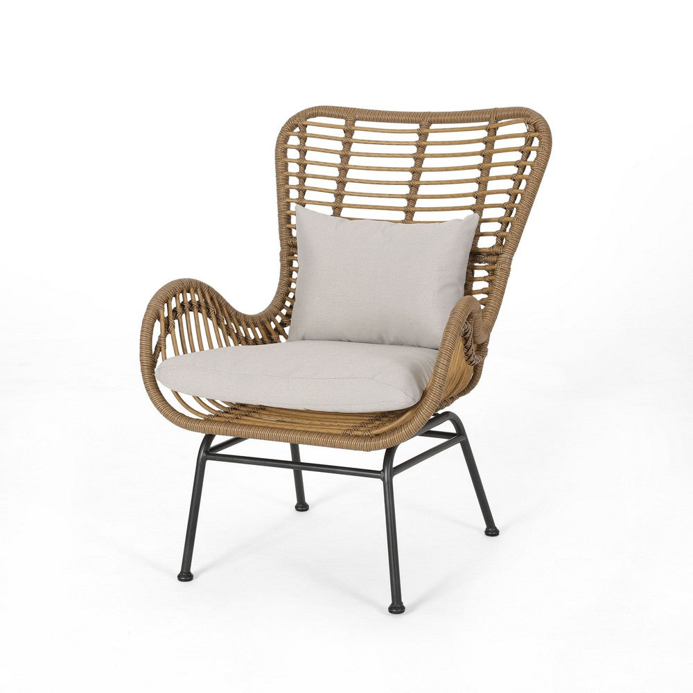 Margo Outdoor Accent Chair, Brown Woven Rattan, Beige, Black Metal -BM335276