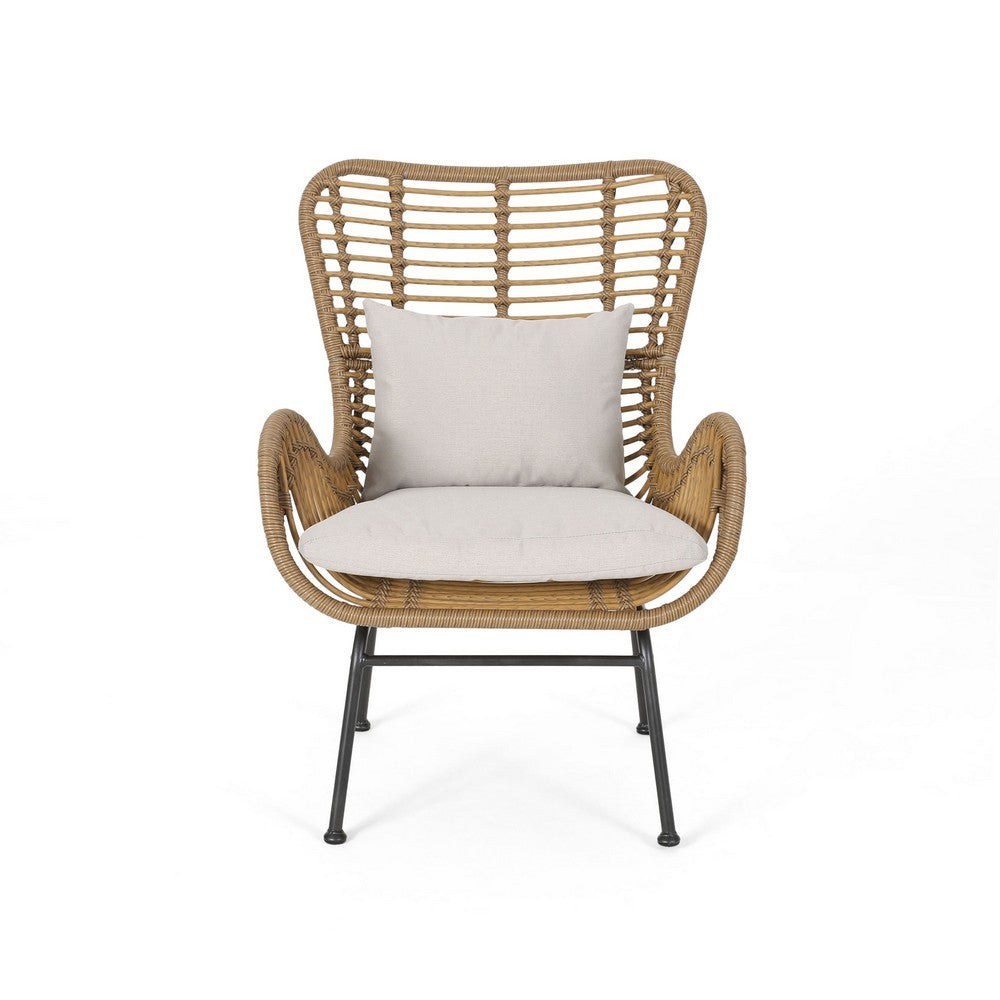 Margo Outdoor Accent Chair, Brown Woven Rattan, Beige, Black Metal -BM335276