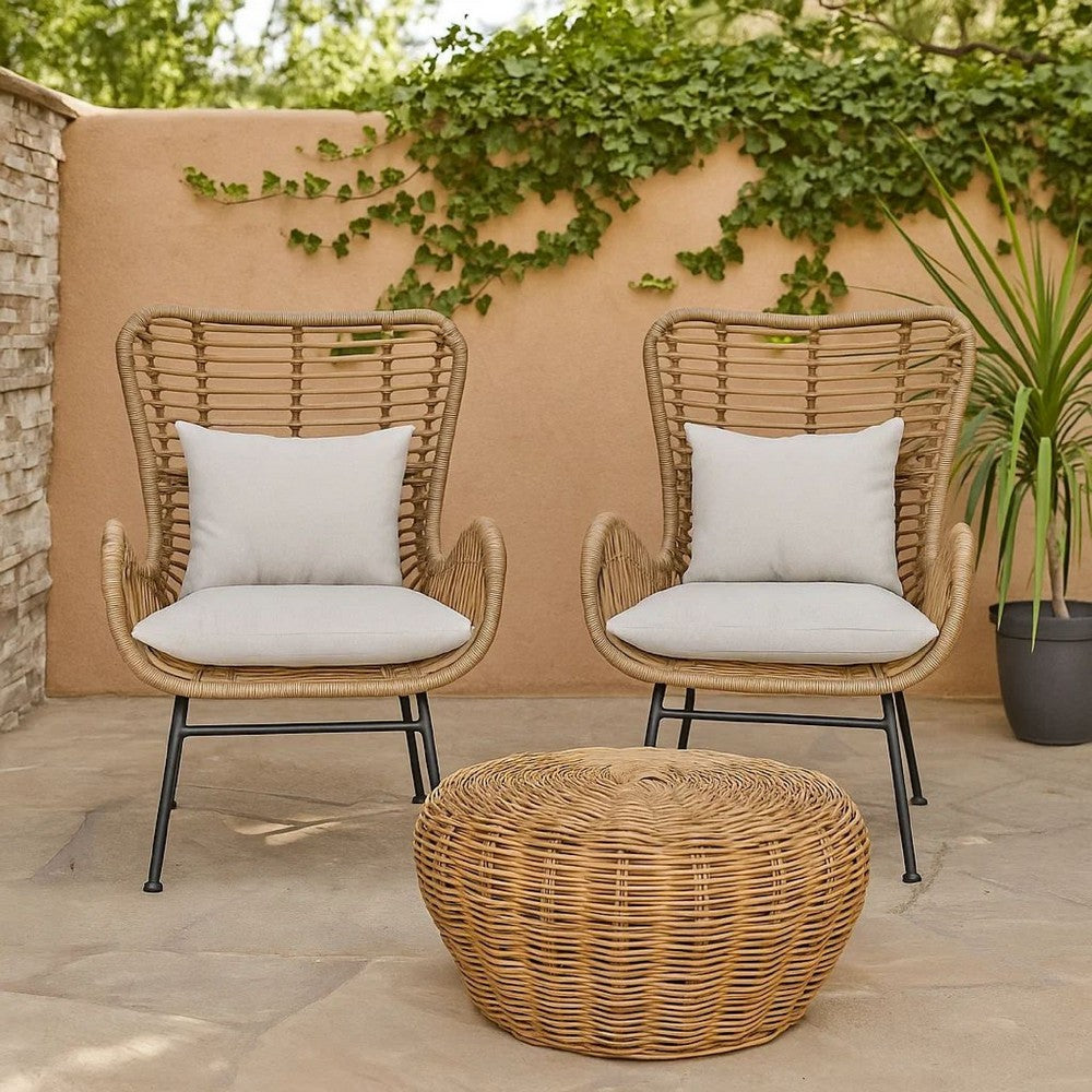 Margo Outdoor Accent Chair, Brown Woven Rattan, Beige, Black Metal -BM335276