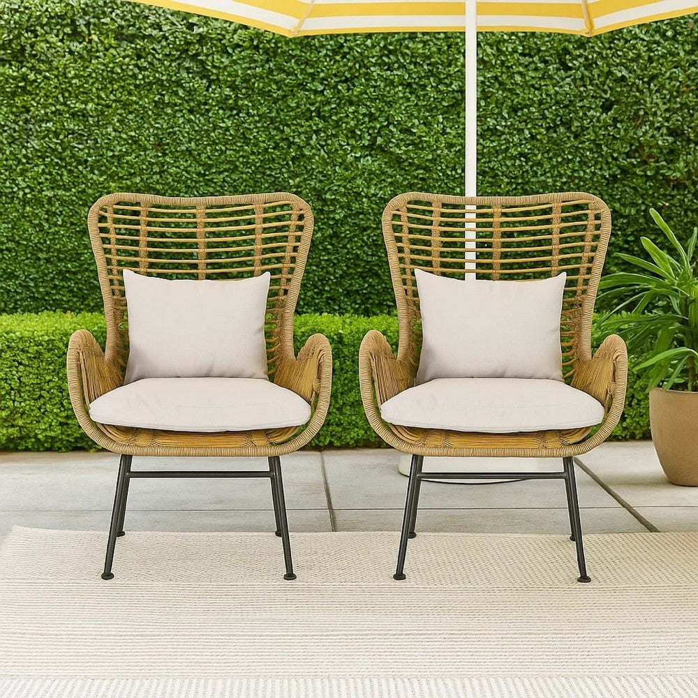 Margo Outdoor Accent Chair, Brown Woven Rattan, Beige, Black Metal -BM335276