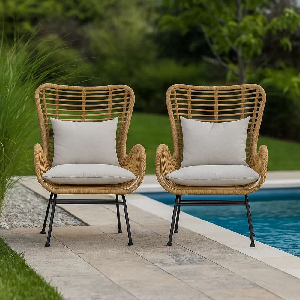 Margo Outdoor Accent Chair, Brown Woven Rattan, Beige, Black Metal -BM335276