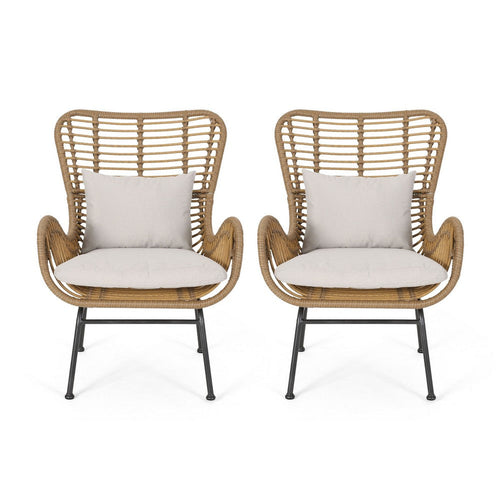 Margo Outdoor Accent Chair, Brown Woven Rattan, Beige, Black Metal -BM335276
