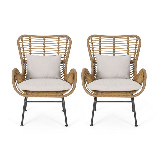 Margo Outdoor Accent Chair, Brown Woven Rattan, Beige, Black Metal -BM335276