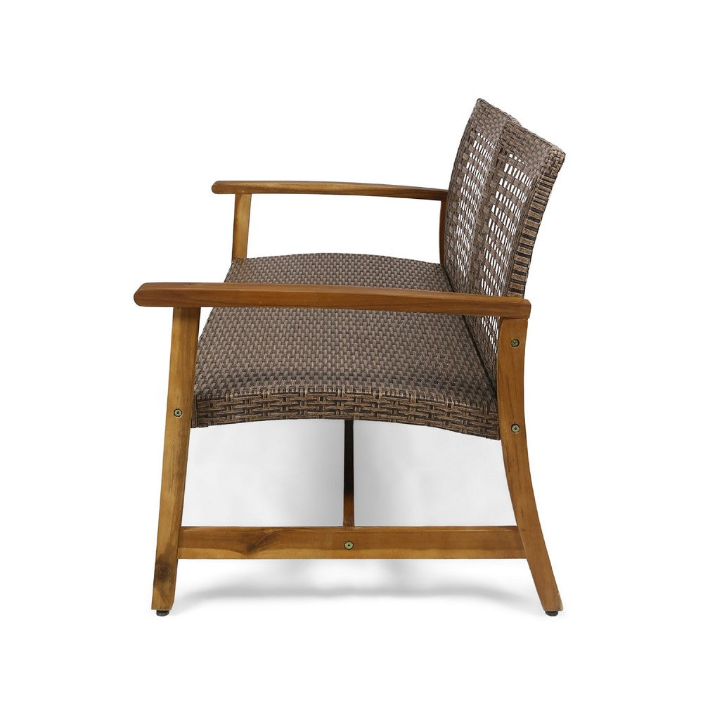 Bops Outdoor Loveseat, Natural Brown Acacia Wood, 52 Inch, Gray Wicker -BM335278