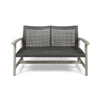 Bops Outdoor Loveseat, Rustic Acacia Wood Frame, 52 Inch, Gray Wicker -BM335279