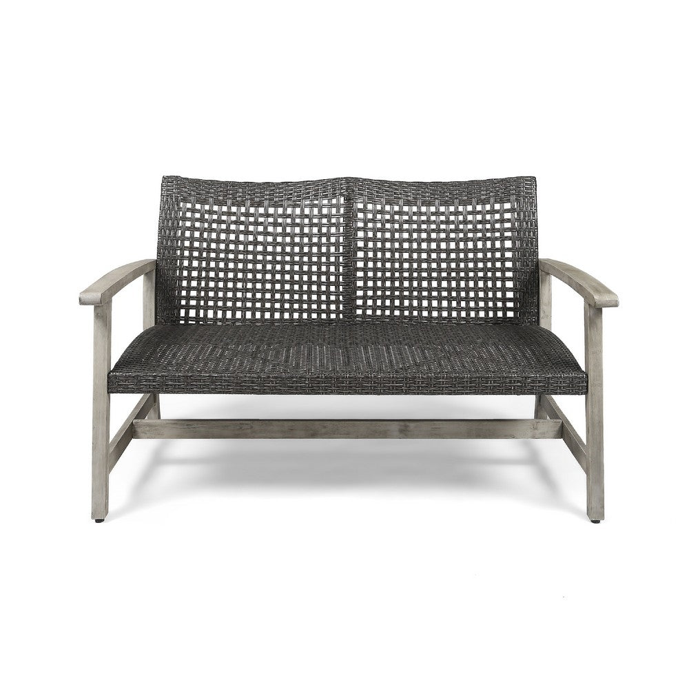 Bops Outdoor Loveseat, Rustic Acacia Wood Frame, 52 Inch, Gray Wicker -BM335279