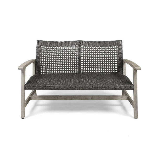 Bops Outdoor Loveseat, Rustic Acacia Wood Frame, 52 Inch, Gray Wicker -BM335279