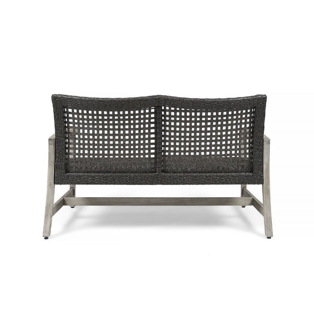 Bops Outdoor Loveseat, Rustic Acacia Wood Frame, 52 Inch, Gray Wicker -BM335279
