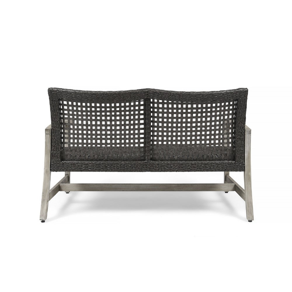 Bops Outdoor Loveseat, Rustic Acacia Wood Frame, 52 Inch, Gray Wicker -BM335279