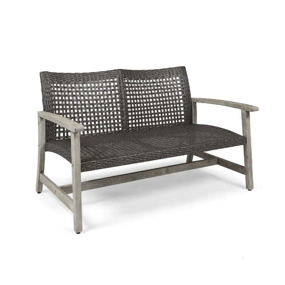 Bops Outdoor Loveseat, Rustic Acacia Wood Frame, 52 Inch, Gray Wicker -BM335279
