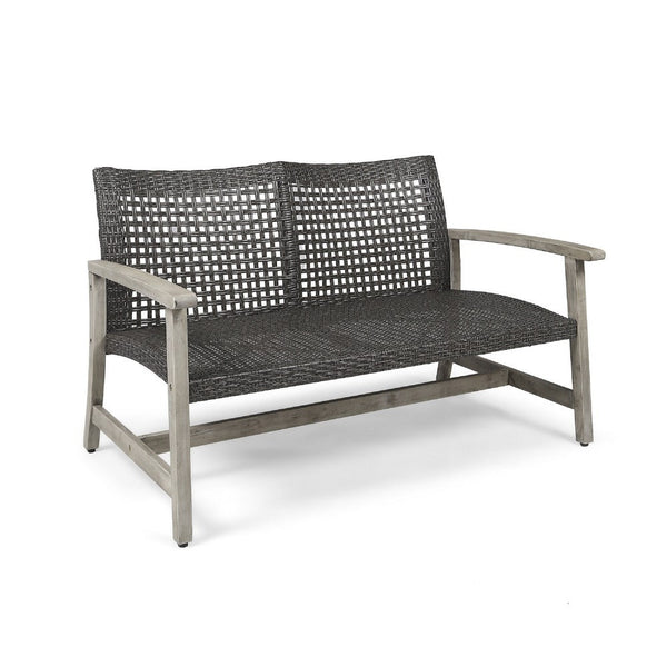 Bops Outdoor Loveseat, Rustic Acacia Wood Frame, 52 Inch, Gray Wicker -BM335279